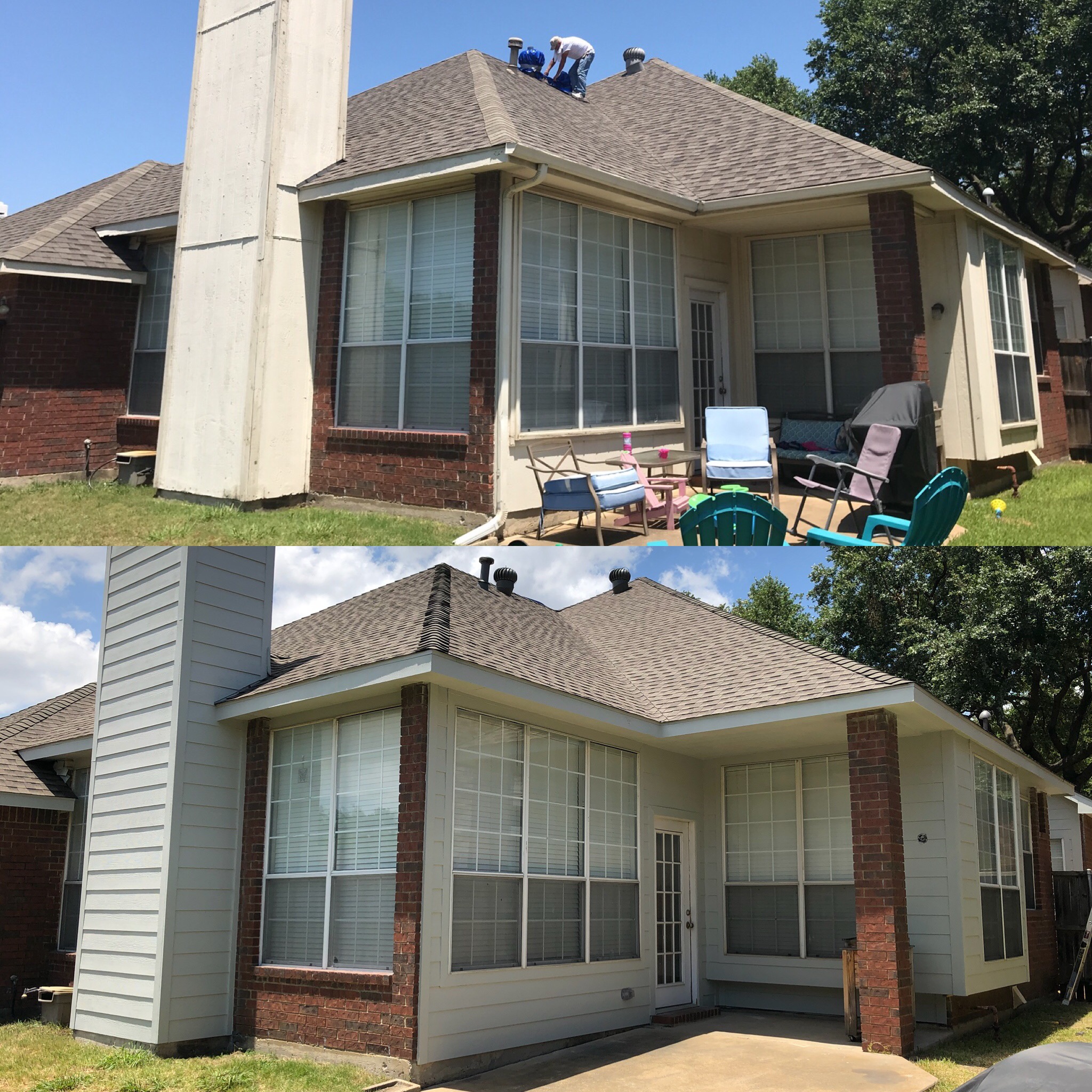 Before and after photos showing chimney siding replacement and chimney cap replacement on roof of a home in North Texas