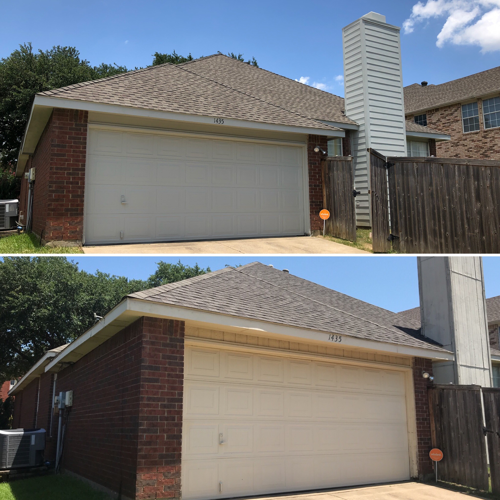 Before and after photos showing chimney siding replacement on roof of a home in North Texas