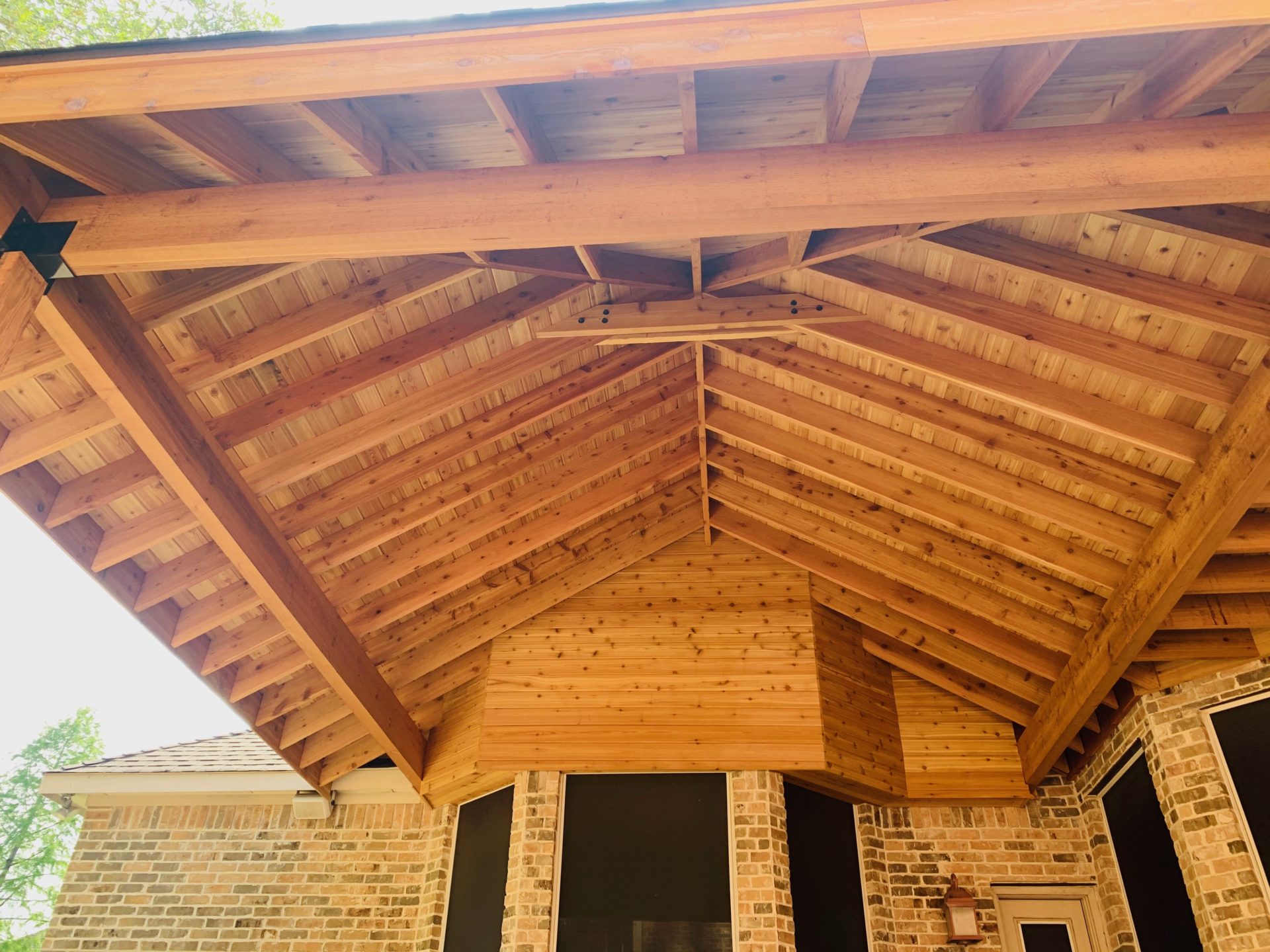 Under side of pavilion style patio roof builder project by Jenkins Roofing.