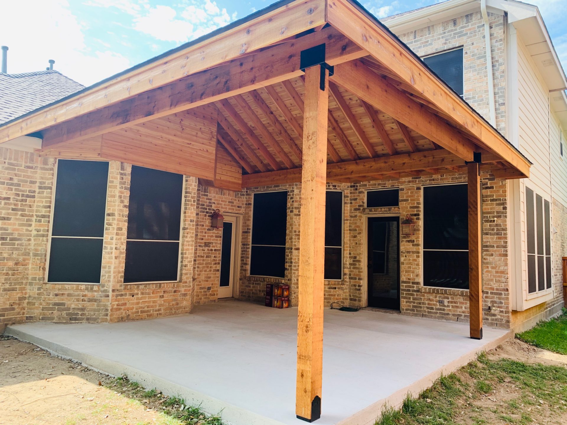Finished outdoor patio roof construction project with Pavilion style in Arlington, TX