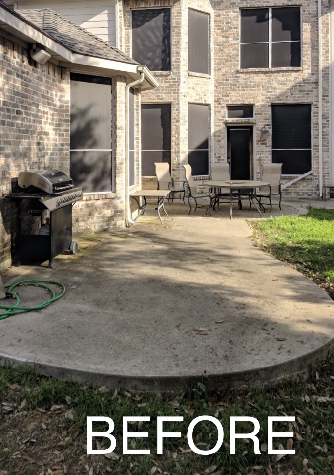 Before picture of home in North Texas with backyard, that has concrete slab but no patio roof cover.