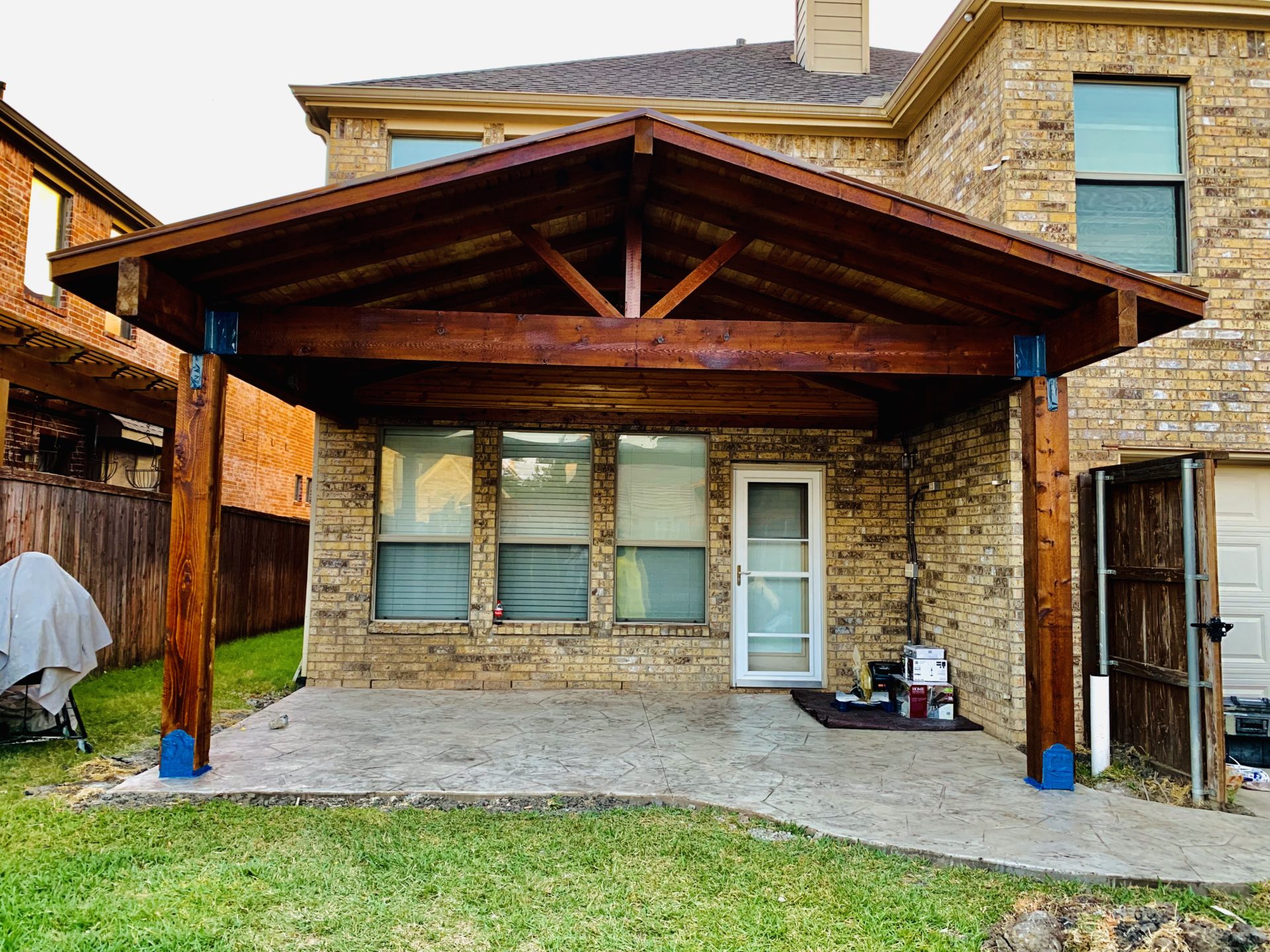 Completed pavilion patio roof job by the Jenkins Roofing team in the backyard of a home in Dallas, TX.